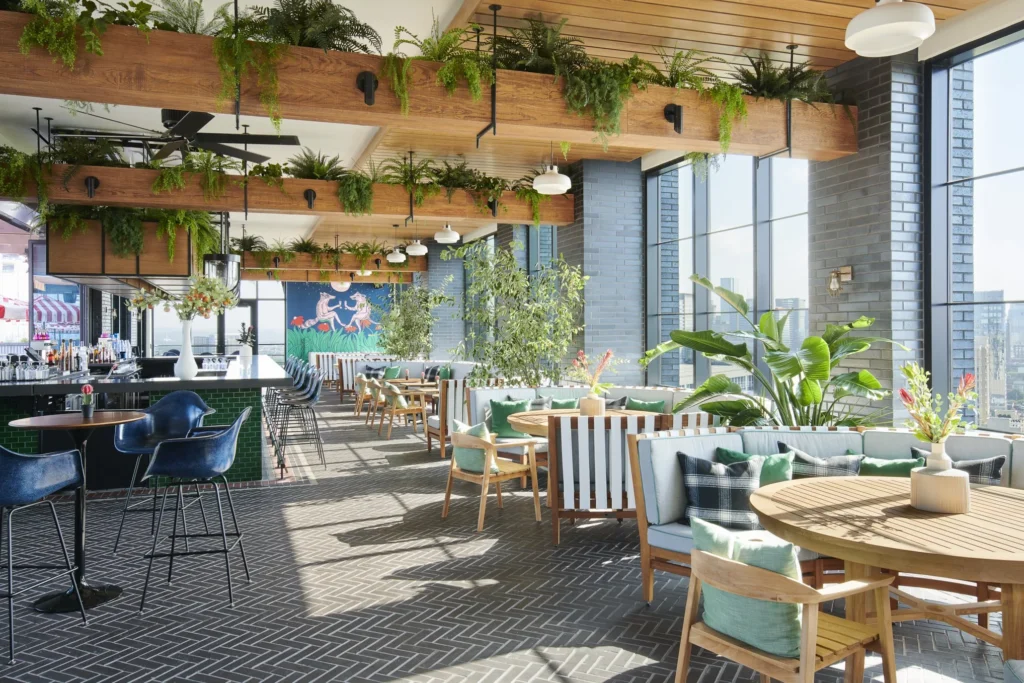rooftop dining area in Nashville that's very tropical themed